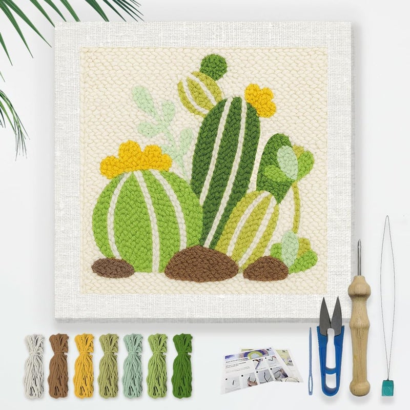 DOODLREAM Cartoon Cactus DIY Punch Needle Embroidery Kit for Adult Beginner, 9.4" Cactus Punch Stitching Craft Set for Starter with Frame, Fabric Pattern, Threader, Yarn, Pinch Needle - Image 1